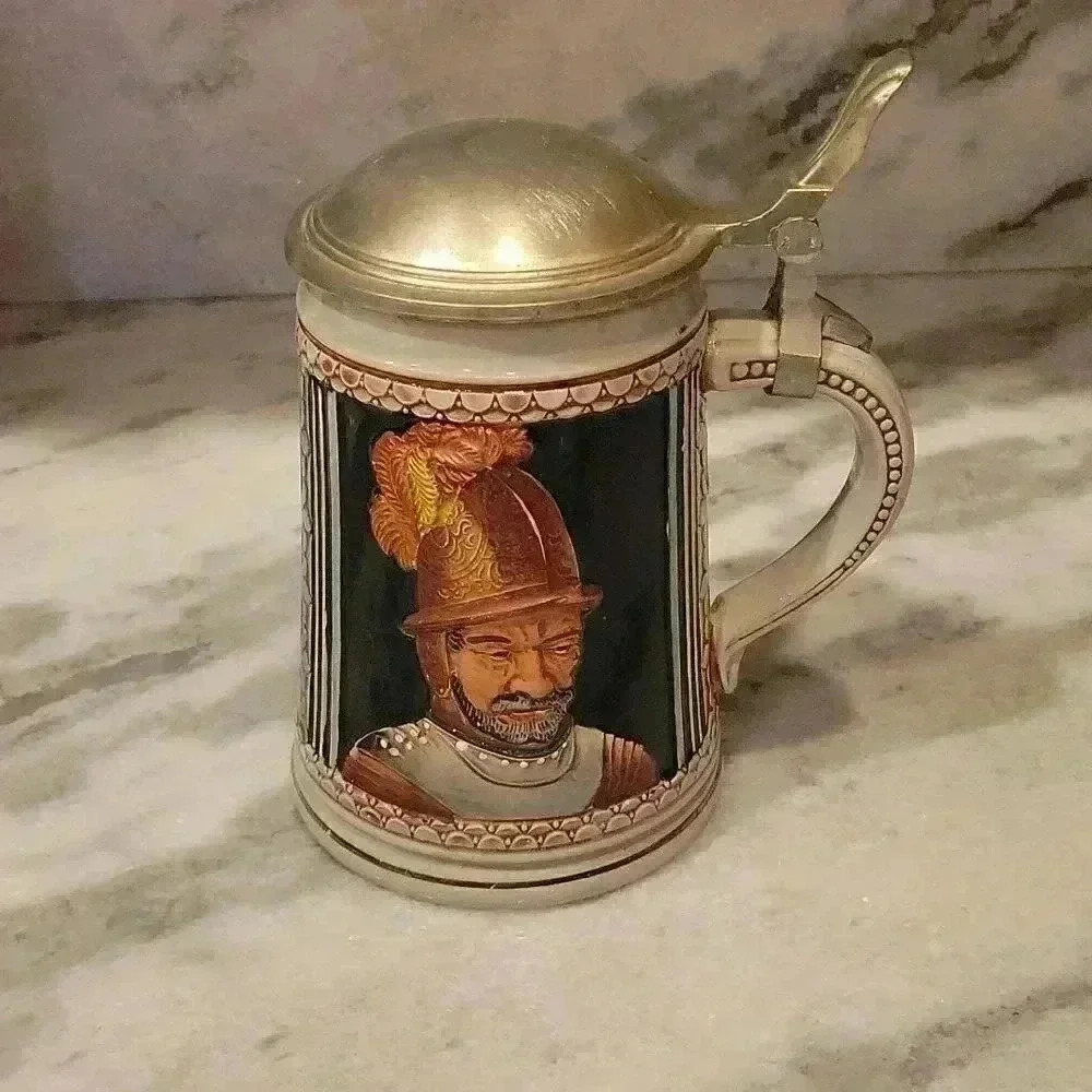 Gerz Handgemalt German Reiter Soldier Pewter Lidded Beer Stein